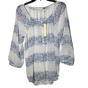 LC Lauren Conrad Womens Floral Peasant Top Large Sheer Boho Cottage Fairy NWT